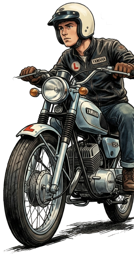 Image of a young man riding a motorcyle into the page from the left.